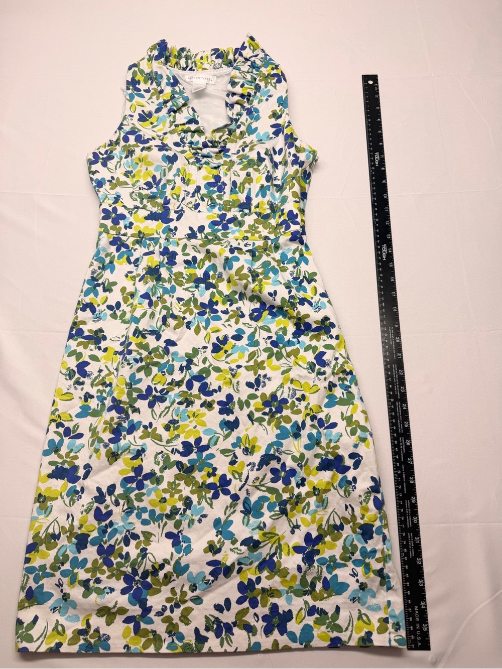 London Times White Midi Dress with Blue & Green Floral Print Ruffle Neck